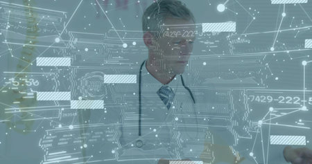 Standing doctor wearing lab coat using holographic interface in clinic, with stethoscope. Medical,...