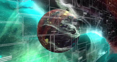 Floating planet-like sphere showing swirling amid nebula clouds, with holographic interface overlay....