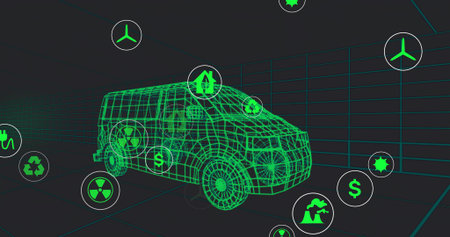 Displaying green wireframe van model floating in digital grid tunnel, surrounding eco energy icons. Futuristic, sustainable, technology, digital, innovation, eco-friendly, environmentally-consciousの写真素材