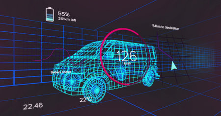 Displaying neon blue wireframe SUV in digital grid space, with speed gauge and battery readouts....