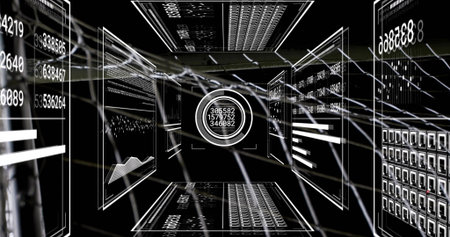 Floating interface showing three readouts in 3D data space, with panels, charts and network lines....
