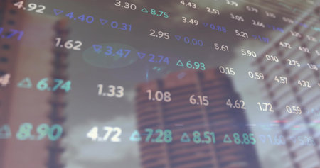 Displaying semi-transparent stock values with green and blue trend arrows over blurred city towers. Financial data, bar chart, analytics, urban landscape, enterprise, market analysisの写真素材