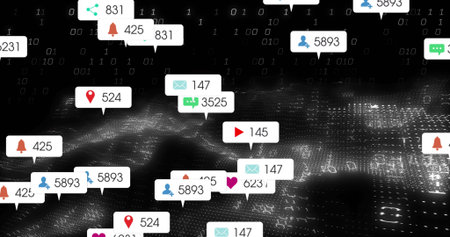 Streaming social notification icons floating over grid in digital network, displaying binary digits....