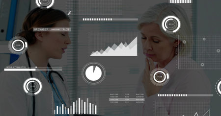 Pointing doctor presenting analytics to patient in clinic with stethoscope, overlays and binders....