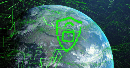 Displaying pixelated green shield icon shielding Earth in orbit, with digital network overlay. Planet, technology, cybersecurity, futuristic, digital, innovation, protectionの写真素材