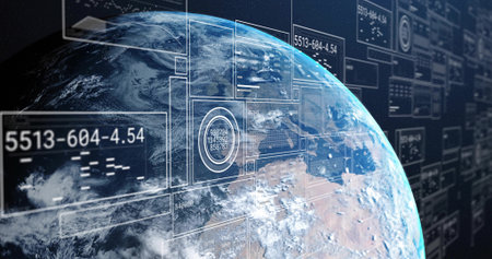 Earth globe rotating in orbit with translucent data panels, readouts, grid overlays, circular HUDs....