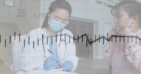 Writing doctor in white coat marking clipboard in hallway, with patient pulling mask and line graph....