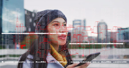 Using smartphone, woman wearing beanie scanning augmented reality overlay on rooftop terrace. Futuristic, urban, technology, lifestyle, minimalism, innovation, networkingの写真素材