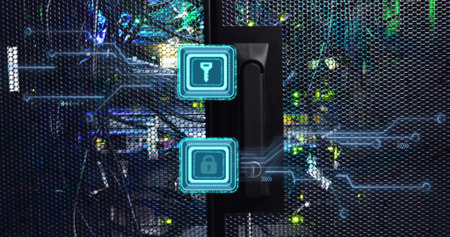 Featuring server rack door handle in data center, showing holographic key and padlock icons....