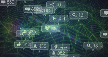 Displaying floating notification icons over dark mesh grid, with chat bubbles and heart callouts....
