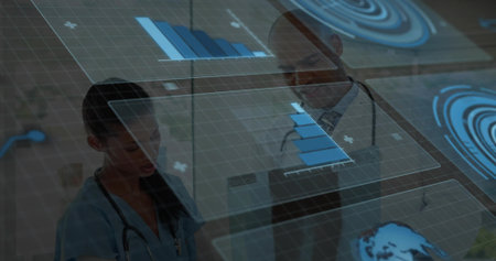 Clinicians in scrubs monitoring charts and globe in hospital lab, with holographic display. Medical,...