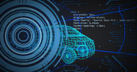 Displaying neon-blue wireframe car model in digital interface, with HUD, CSS code, and circuit grid. Futuristic, cyber, technology, interface, digital, virtual, sleekの写真素材