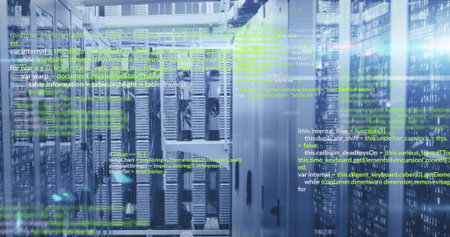 Displaying rack-mounted servers glowing LED indicators in data center, with floating code overlay....
