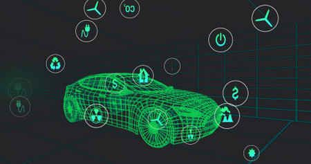 Displaying neon green wireframe sedan model floating within gridded 3D chamber, with eco-tech icons....