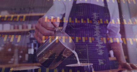 Pouring barista hand tilting steel milk pitcher at coffee shop bar, with digital chart overlay. Artisan, beverage, cafe, minimalism, hospitality, craftsmanship, baristaの写真素材