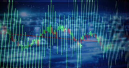 Displaying data visualization on screen, with green bars, red-and-green line and grid overlay. Futuristic, abstract, technology, analytics, digital, innovation, dashboardの写真素材