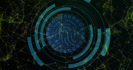 Showing fingerprint scanner projecting biometric overlay in mesh, with rings, arcs, code and nodes. Futuristic, digital, biometric, hud, interface, technology, networkの写真素材