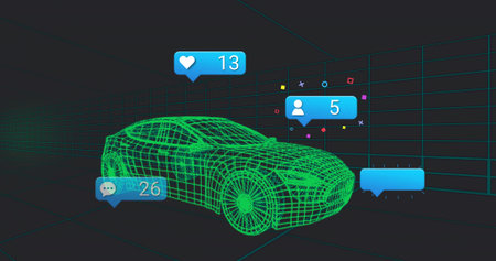 Displaying neon green 3D wireframe car model floating in virtual grid room, with notification icons....