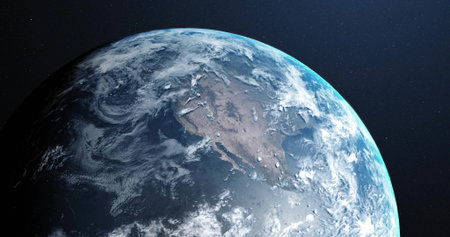 Rotating planet Earth revealing curvature and atmosphere in outer space, swirling white clouds....