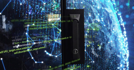 Displaying server rack door handle and keyhole in datacenter, with LED and network code overlay....