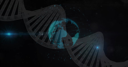 Winding wireframe DNA helix wrapping glowing Earth in digital space, with binary code lens flares....