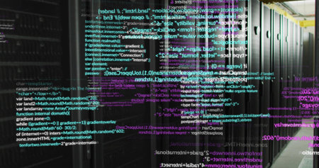 Streaming neon code overlays across central server racks in data center corridor, flashing LEDs....