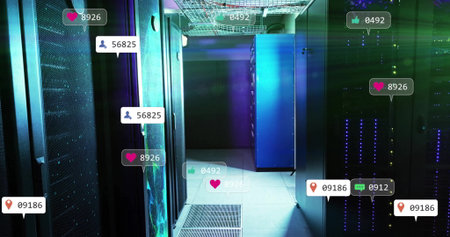 Glowing blue server cabinet illuminating data center corridor. Cybersecurity, technology, digital,...
