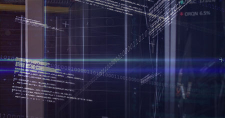 Displaying digital data overlay at holographic interface, showing binary digits and code snippets. Technology, cybersecurity, futurism, data analytics, innovation, abstract, digital environmentの写真素材