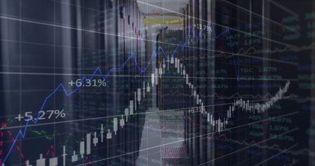 Displaying financial chart overlay over racks in data center hallway, with blinking LED lights....