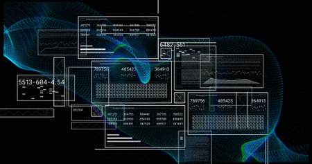 Floating data panels and neon mesh animating virtual space showing numerical tables and line charts....