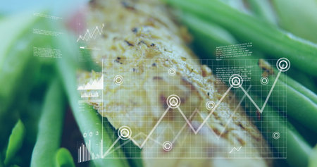 Displaying chicken breast resting on green beans on plate in kitchen, with holographic data overlay. Gourmet, nutrition, healthy, technology, innovation, digital, minimalistの写真素材