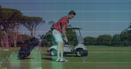 Swinging golfer in red shirt aligning shot on fairway under graph overlays, with golf club. Athletic, leisure, outdoor, scenic, precision, competition, premiumの写真素材