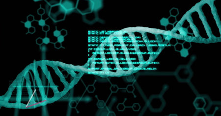 Spiraling DNA helix graphic on digital abstract interface, with code overlay and hexagonal patterns....