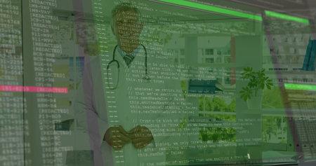 Doctor in white coat wearing stethoscope analyzing code overlay at desk, with laptop. Medical,...