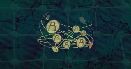 Displaying 3D wireframe globe in dark teal network space, with floating user icons and curved lines....