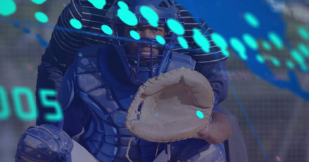 Baseball catcher crouching behind home plate in protective gear, mask, mitt with turquoise overlay....