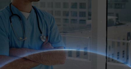 Standing doctor wearing blue scrubs with stethoscope by hospital window, Earth overlay, copy space. Healthcare, professionalism, innovation, digital, medicine, hospital, clarityの写真素材