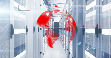 Semi-transparent red digital globe overlay hovering in data center corridor, with server cabinets....