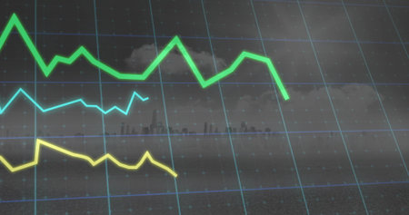 Displaying three colored line graphs fluctuating on blue grid overlay, with city skyline silhouette. Finance, analytics, digital, technology, urban, futuristic, dataの写真素材
