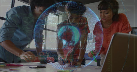 Brainstorming team in business attire arranging sticky notes at office table with hologram globe. Collaboration, innovation, teamwork, brainstorming, modernoffice, digitaltechnology, creativeprocessの写真素材