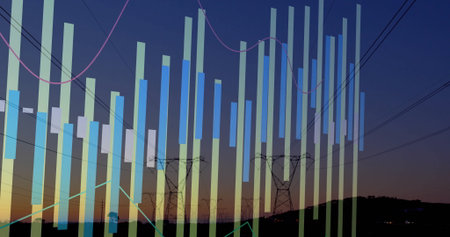 Stretching power lines and towers over rural landscape at dusk, with bar chart overlay. Energy, infrastructure, data visualization, utility, performance, renewable, transmissionの写真素材