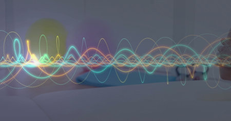 Displaying multicolored waveforms overlaying bedroom scene, with mattress pillow nightstand mug....