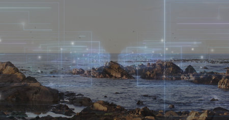 Revealing jagged rock cluster rising from ocean water at shore, with glowing digital grid overlay. Coastal, nature, futuristic, landscape, digital, abstract, scenicの写真素材