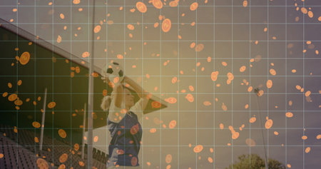 Baseball player swinging bat at ball in stadium, with bleachers, foul pole. Athlete, sports, outdoor, competitive, motion, dynamic, trainingの写真素材