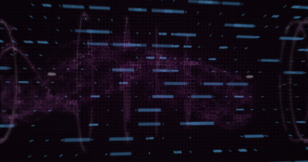 Visualizing purple network linking nodes on dashboard with dark grid overlay and turquoise bars....