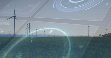 Displaying central cluster of wind turbines projecting data overlay over farmland, with digital HUD....