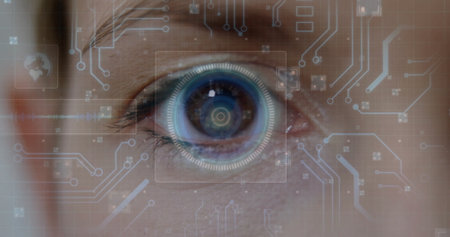 Scanning eye region revealing iris scanner at tech lab with HUD elements and circuit patterns. Futuristic, biometric, interface, technology, security, innovation, artificial intelligenceの写真素材