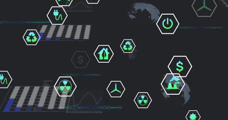 Displaying green hexagonal sustainable energy icons on dashboard, featuring glitch-style charts....