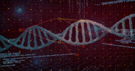 Floating DNA double helix rotating over dark grid plane, with glowing data nodes and code fragments. Futuristic, scientific, technological, molecular, innovation, digital, visualizationの写真素材