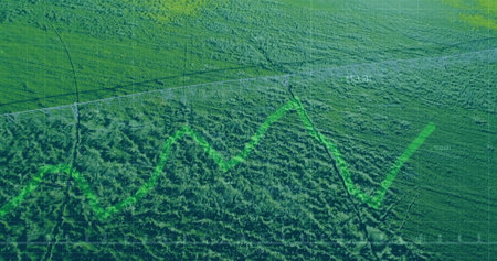 Illustrating neon green zigzag line graph overlaying farmland, with faint tire tracks, grid labels....